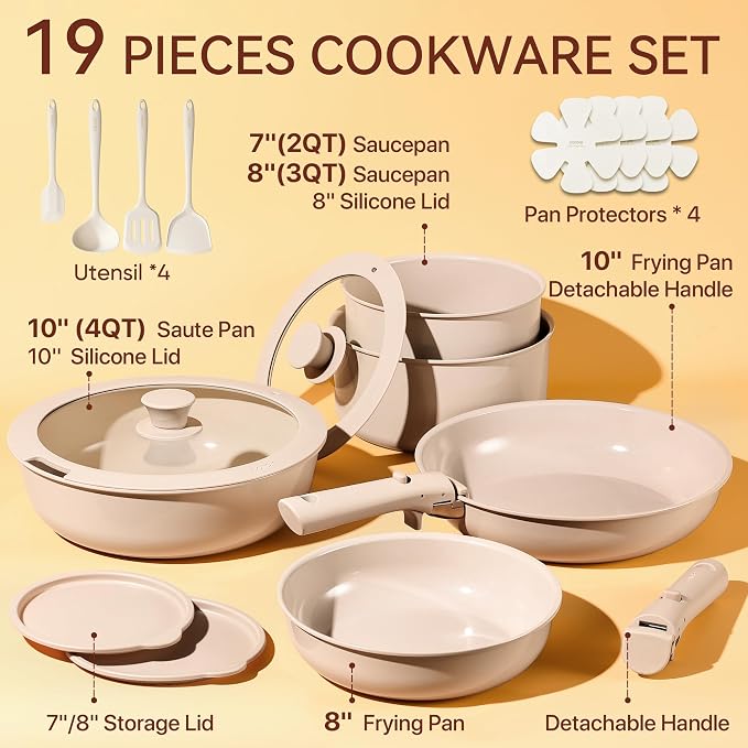 CAROTE – BATERÍA DE COCINA 19 PIEZAS, OLLAS Y SARTENES ANTIADHERENTES DE CERÁMICA, MANGO DESMONTABLE, COLOR GRIS TOPO GRADO B