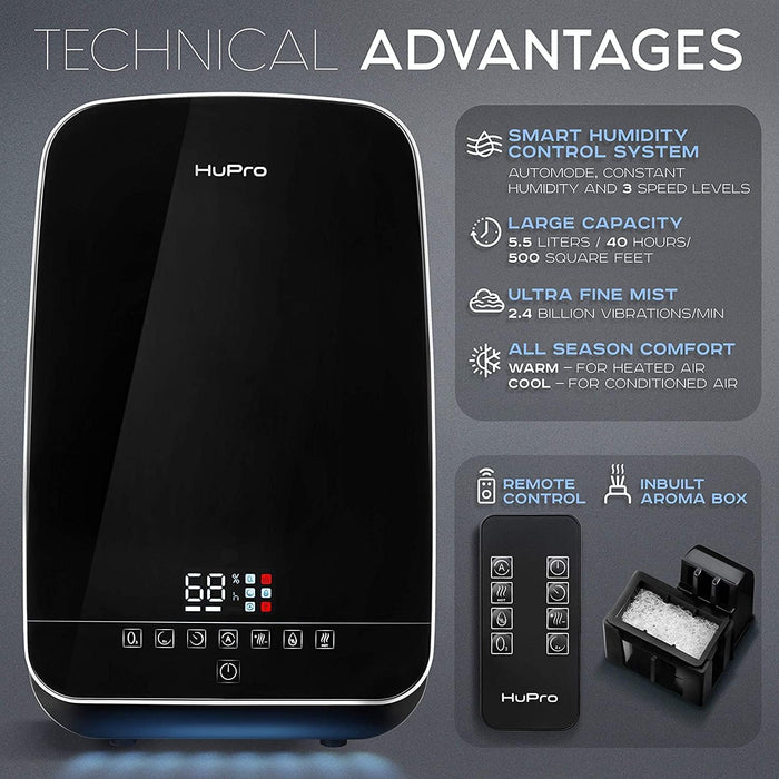 HuPro Humidificador de Niebla Tibia y Fría de 5.5 L para Dormitorio – Llenado Superior Ultrasónico, Silencioso ≥30 dB, Control Remoto, 24–40 H de Funcionamiento, Humidistato, Aceite Esencial, Apagado Automático, Bebé GRADO A