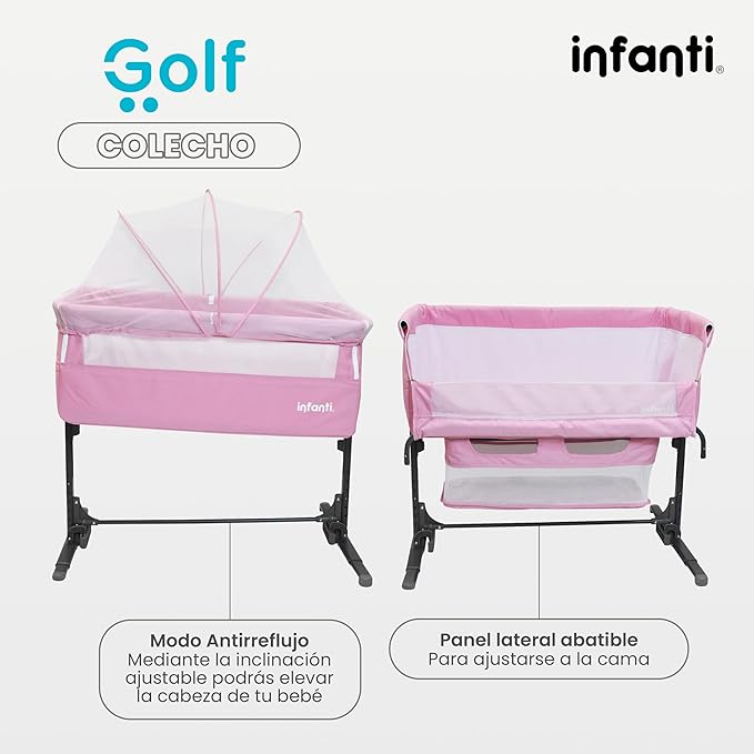CUNA COLECHO INFANTI GOLF COLOR ROSA ANTIRREFLUJO Y MECEDORA GRADO B