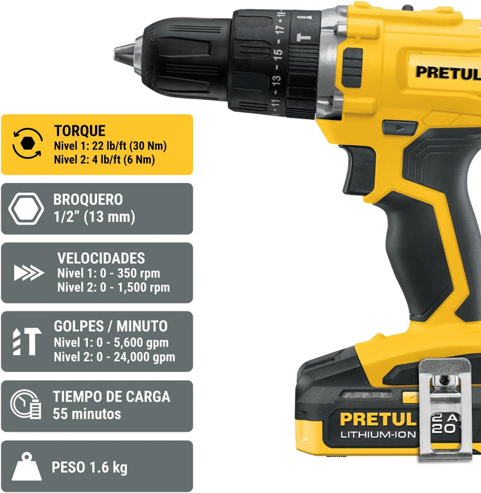 TALADRO ROTOMARTILLO INALAMBRICO, PRETUL ROTI-20P2, FRECUENCIA 60HZ, COLOR AMARILLO GRADO A