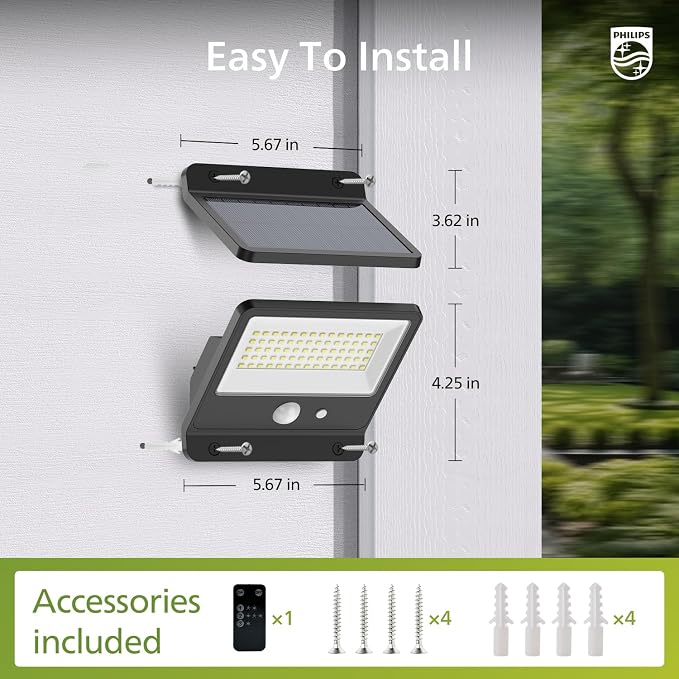 PHILIPS SOLAR SECURITY LIGHT OUTDOOR LED 6500K, SOLAR-POWERED FLOOD LIGHT W/PIR MOTION SENSOR, REMOTE CONTROL W/16FT CABLE, IP65 WATERPROOF, 3 MODES (2)   |  GRADO A