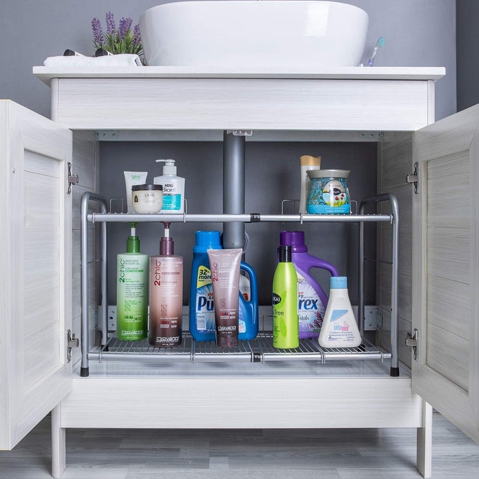 FLAGSHIP - ORGANIZADOR DE 2 NIVELES DEBAJO DEL FREGADERO Y ESTANTE DE ALMACENAMIENTO EXTENSIBLE PARA GABINETE PARA COCINA, BAÑO, PLATA 2