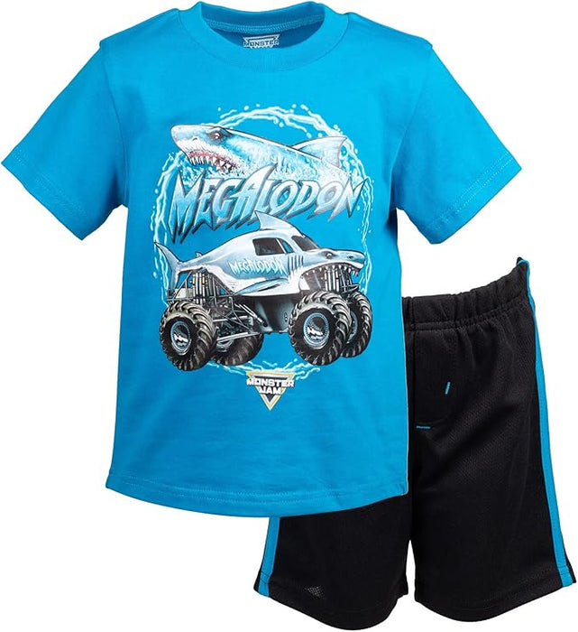 MONSTER JAM T SHIRT AND MESH SHORTS OUTFIT SET TOODDLER TO BIG KID GRAVE DIGGER EL TORO LOCO MEGALODON GRADO B