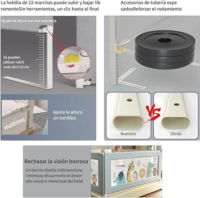 1.9M BARANDAL PARA CAMA AJUSTABLE NIÑOS SEGURIDAD PROTECTOR GRADO B