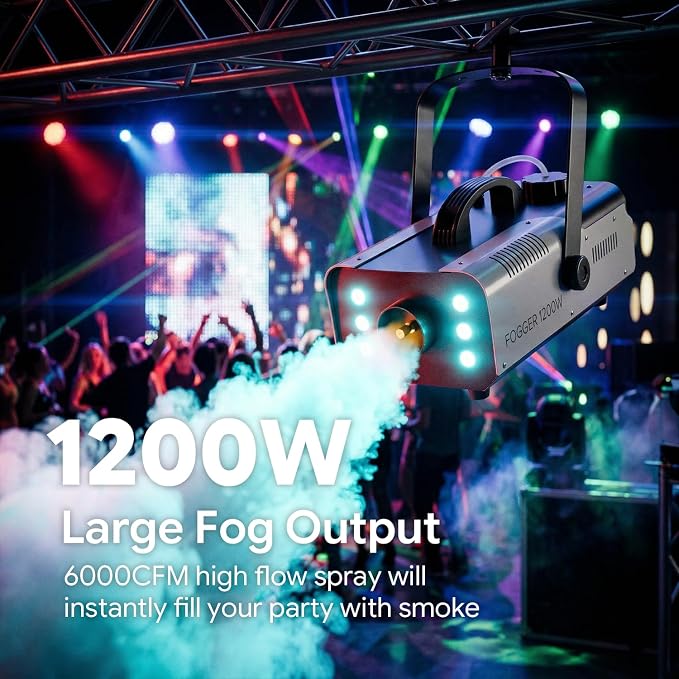 MÁQUINA HUMO 1200W 6 LUZ LED DJ FIESTA EQUIPO CONTROL REMOTO PLATEADO GRADO B