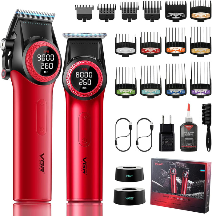 VGR 001 & 977 PROFESSIONAL HAIR CLIPPERS FOR MEN, CORDLESS BARBER CLIPPERS AND ZERO GAP TRIMMERS SET, DLC COATING BLADE HAIR CUTTING KIT WITH LED DISPLAY, USB RECHARGEABLE BARBER SET(RED) GRADO A