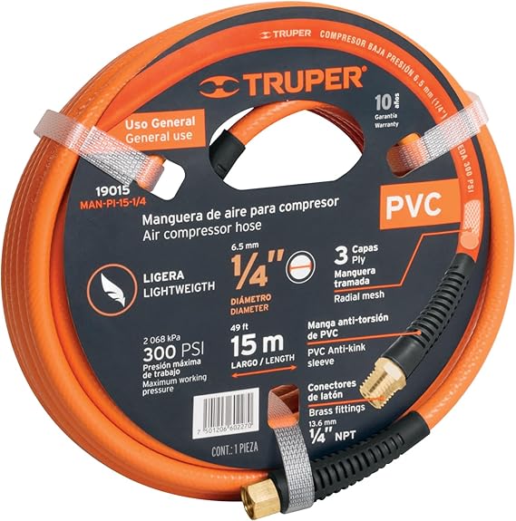 MANGUERA COMPRESOR DE AIRE DE 15MTS REFORZADA DE 1/4 300 PSI NARANJA CLARO GRADO A