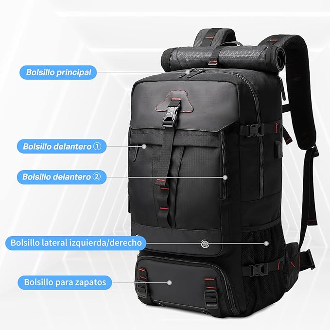 MOCHILA TACTICA DE CAMPING IMPERMEABLE GRAN CAPACIDAD 40L NEGRO POLIESTER 800D OXFORD GRADO B