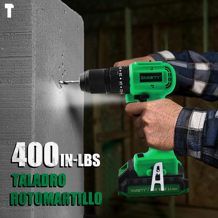 Shawty Taladros Inalambrico 1/2 , 50n.m Taladro ElÃ©ctrico InalÃ¡mbrico Sin Escobillas De 2 * 2000 Mah BaterÃ­as, 20+3 Martillo Perforador Con 2 Velocidades Y Bolsa GRADIO A
