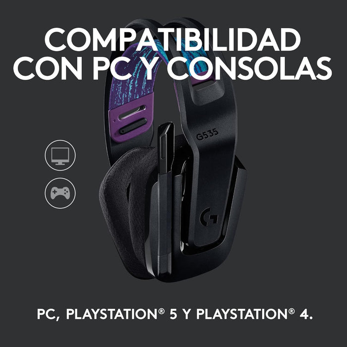 Logitech G535 Lightspeed Audífonos Inalámbricos para Gaming - Ligeros, Micrófono Volteable para silenciar, compatibles con PC, PS4, PS5, hasta 33 hrs de batería, Recargables USB - Negro GRADO B