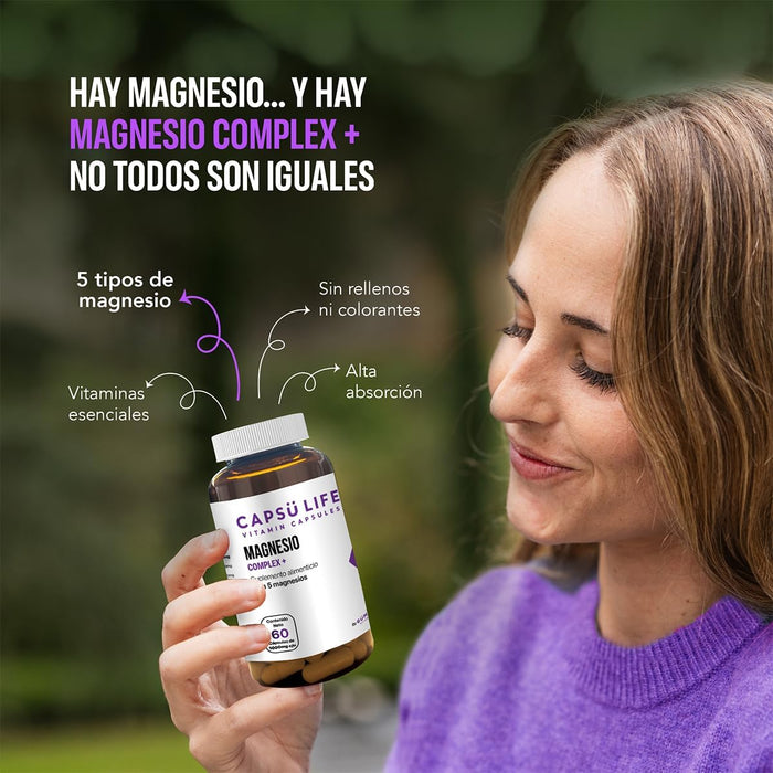 Capsu Life by Gummy Life - Magnesio Complex + - CON 5 MAGNESIOS: L-Treonato, Citrato, Glicinato, Gluconato y Óxido de Magensio - 1000mg Por Capsula - 398mg de Magnesio Elemental por porción