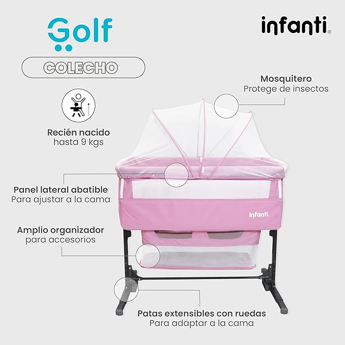 CUNA COLECHO INFANTI GOLF COLOR ROSA ANTIRREFLUJO Y MECEDORA GRADO B