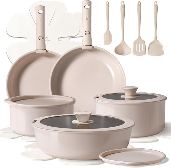 CAROTE – BATERÍA DE COCINA 19 PIEZAS, OLLAS Y SARTENES ANTIADHERENTES DE CERÁMICA, MANGO DESMONTABLE, COLOR GRIS TOPO GRADO B