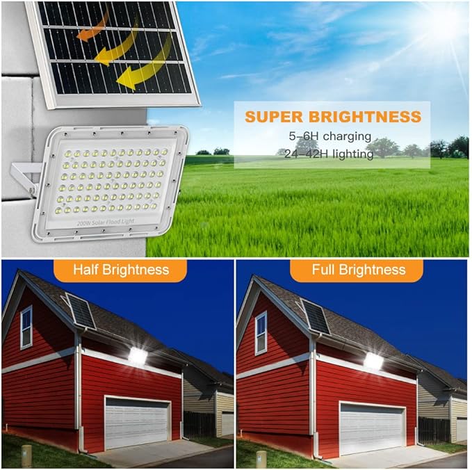 LUCES DE INUNDACIÓN SOLARES LED DE 200 W, 20000 LÚMENES, PARA EXTERIORES, IP67, RESISTENTE AL AGUA, CON SENSOR DE CONTROL REMOTO, ENCENDIDO Y APAGADO AUTOMÁTICO PARA PATIO, JARDÍN, CANALÓN, PISCINA, CANCHA DE BALONCESTO, CAMINO GRADO A