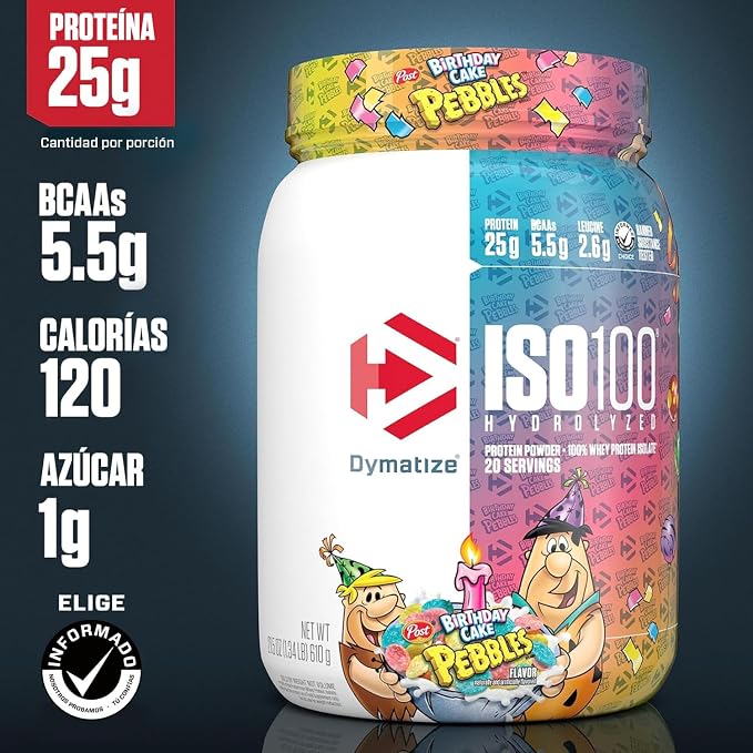 DYMATIZE X BIRTHDAY CAKE PEBBLES ISO100 WHEY PROTEIN POWDER ISOLATE, 25G OF PROTEIN, 20 SERVINGS, 5.5G BCAAS, 120 CAL., GLUTEN FREE, 1G FAT, 1G SUGAR, 2G CARB GRADO B