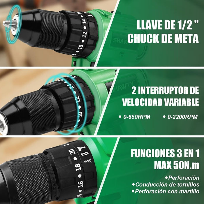Shawty Taladros Inalambrico 1/2 , 50n.m Taladro ElÃ©ctrico InalÃ¡mbrico Sin Escobillas De 2 * 2000 Mah BaterÃ­as, 20+3 Martillo Perforador Con 2 Velocidades Y Bolsa GRADIO A