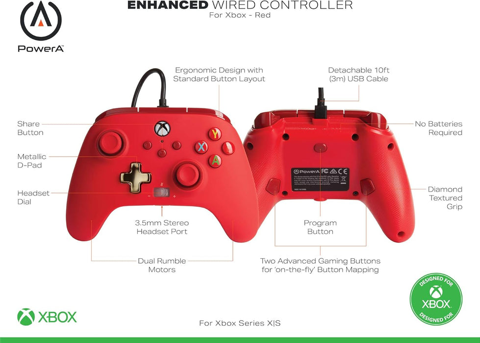 POWERA CONTROL MEJORADO ALÁMBRICO PARA XBOX SERIES X|S - ROJO - STANDARD EDITION
