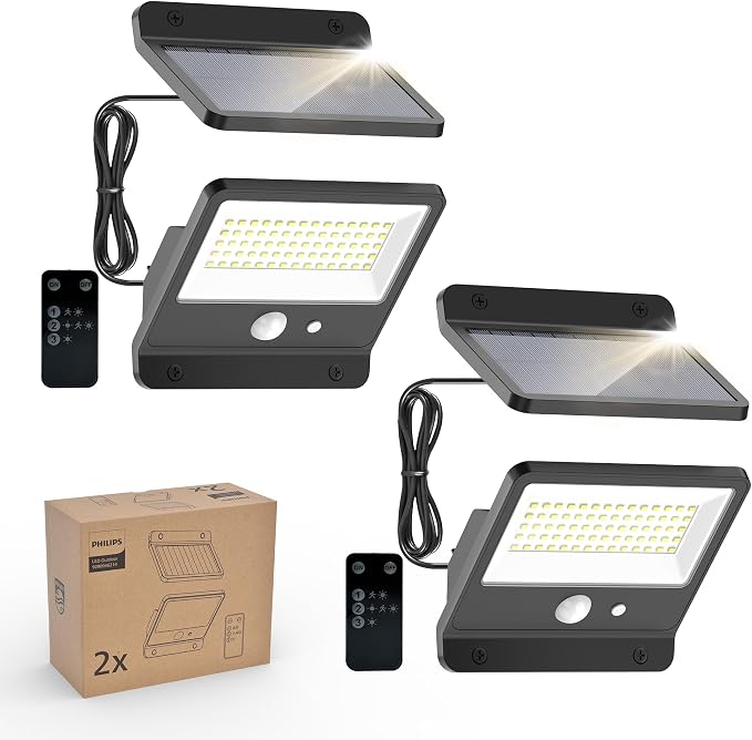 PHILIPS SOLAR SECURITY LIGHT OUTDOOR LED 6500K, SOLAR-POWERED FLOOD LIGHT W/PIR MOTION SENSOR, REMOTE CONTROL W/16FT CABLE, IP65 WATERPROOF, 3 MODES (2)   |  GRADO A