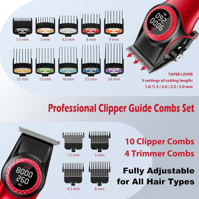VGR 001 & 977 PROFESSIONAL HAIR CLIPPERS FOR MEN, CORDLESS BARBER CLIPPERS AND ZERO GAP TRIMMERS SET, DLC COATING BLADE HAIR CUTTING KIT WITH LED DISPLAY, USB RECHARGEABLE BARBER SET(RED) GRADO A