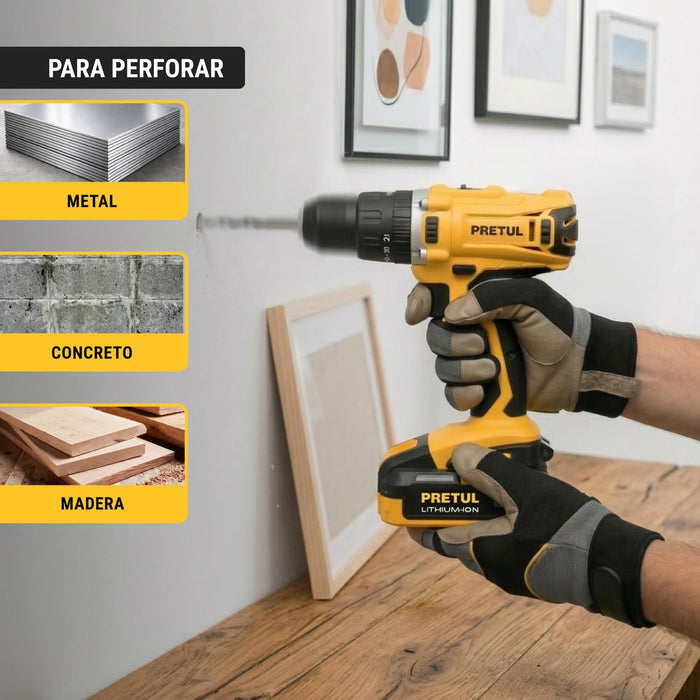 TALADRO ROTOMARTILLO INALAMBRICO, PRETUL ROTI-20P2, FRECUENCIA 60HZ, COLOR AMARILLO GRADO A