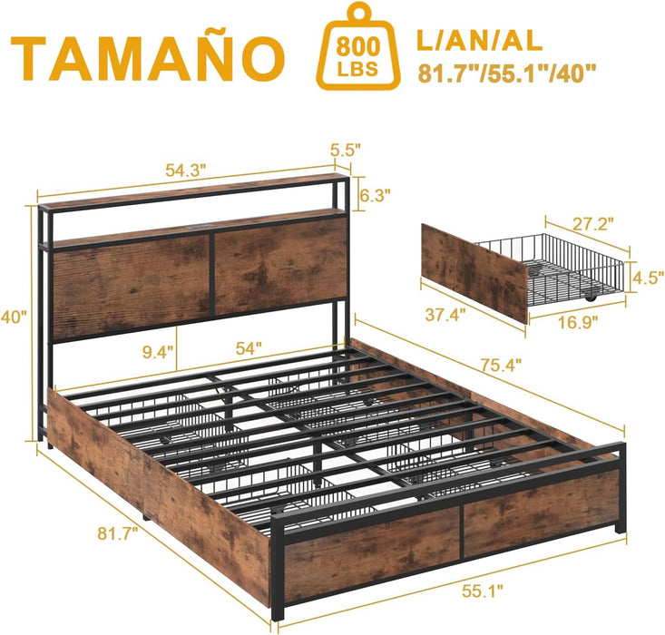 MARCO DE CAMA CON 4 CAJONES, BASE CAMA MATRIMONIAL CABECERA CON LUCES LED, BASE DE CAMA CON CABECERA ESTACIÓN DE CARGA USB Y ESPACIO DE ALMACENAMIENTO, CAMA MATRIMONIAL MARCO DE CAMA FÁCIL MONTAJE             GRADO B