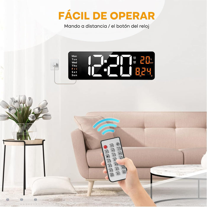 RELOJ DE PARED LED CON CONTROL REMOTO DE 16 Y FECHA ESTRUCTURA TEMPERATURA NARANJA FONDO NEGRO UNIVERSAL GRADO A
