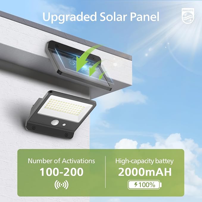 PHILIPS SOLAR SECURITY LIGHT OUTDOOR LED 6500K, SOLAR-POWERED FLOOD LIGHT W/PIR MOTION SENSOR, REMOTE CONTROL W/16FT CABLE, IP65 WATERPROOF, 3 MODES (2)   |  GRADO A