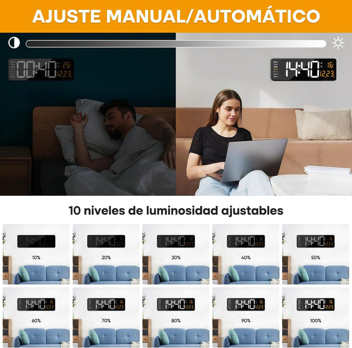 RELOJ DE PARED LED CON CONTROL REMOTO DE 16 Y FECHA ESTRUCTURA TEMPERATURA NARANJA FONDO NEGRO UNIVERSAL GRADO A
