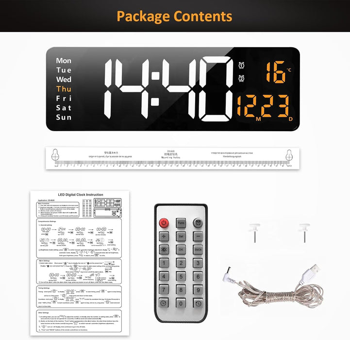 RELOJ DE PARED LED CON CONTROL REMOTO DE 16 Y FECHA ESTRUCTURA TEMPERATURA NARANJA FONDO NEGRO UNIVERSAL GRADO A