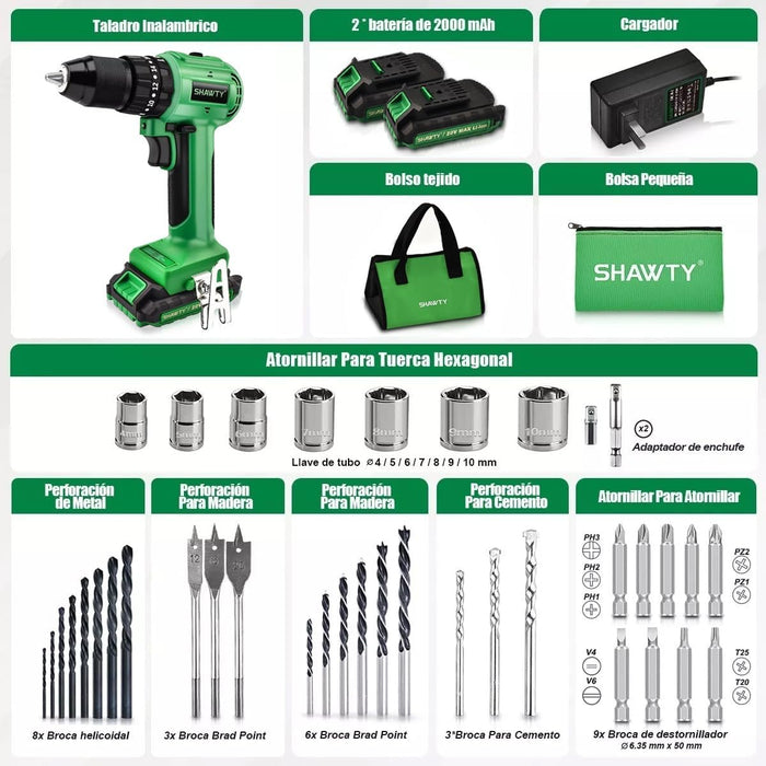 Shawty Taladros Inalambrico 1/2 , 50n.m Taladro ElÃ©ctrico InalÃ¡mbrico Sin Escobillas De 2 * 2000 Mah BaterÃ­as, 20+3 Martillo Perforador Con 2 Velocidades Y Bolsa GRADIO A