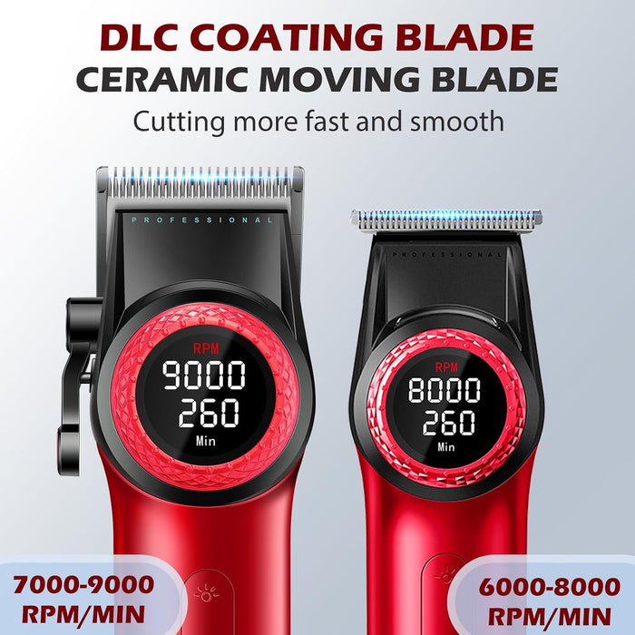 VGR 001 & 977 PROFESSIONAL HAIR CLIPPERS FOR MEN, CORDLESS BARBER CLIPPERS AND ZERO GAP TRIMMERS SET, DLC COATING BLADE HAIR CUTTING KIT WITH LED DISPLAY, USB RECHARGEABLE BARBER SET(RED) GRADO A