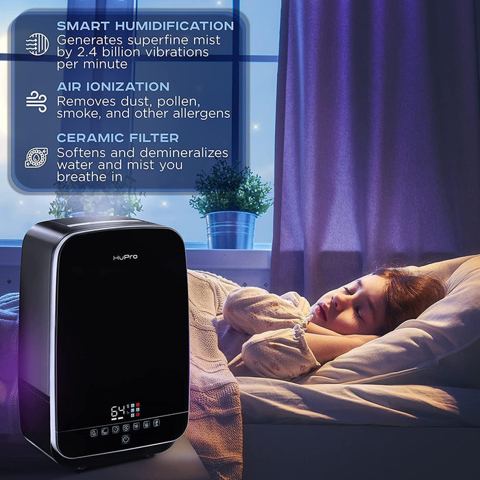 HuPro Humidificador de Niebla Tibia y Fría de 5.5 L para Dormitorio – Llenado Superior Ultrasónico, Silencioso ≥30 dB, Control Remoto, 24–40 H de Funcionamiento, Humidistato, Aceite Esencial, Apagado Automático, Bebé GRADO A