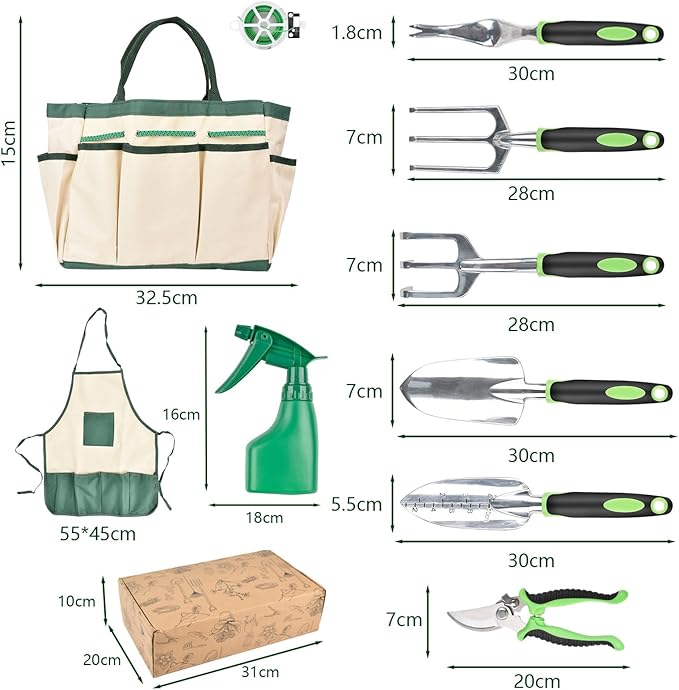 HOGESA Juego de Herramientas de jardín, 11Pzs Herramientas de Jardinería de Aluminio de Alta Resistencia, Kit de Jardinería, con Bolsa para Guardar Herramientas y Delantal Grado B