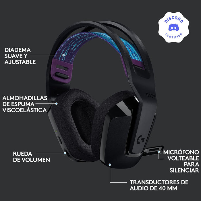 Logitech G535 Lightspeed Audífonos Inalámbricos para Gaming - Ligeros, Micrófono Volteable para silenciar, compatibles con PC, PS4, PS5, hasta 33 hrs de batería, Recargables USB - Negro GRADO B