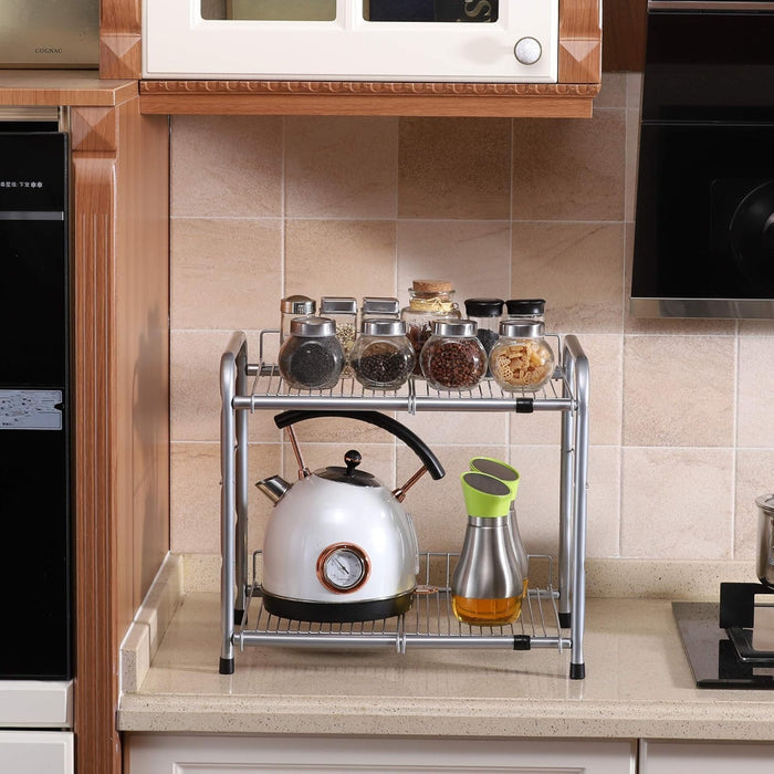 FLAGSHIP - ORGANIZADOR DE 2 NIVELES DEBAJO DEL FREGADERO Y ESTANTE DE ALMACENAMIENTO EXTENSIBLE PARA GABINETE PARA COCINA, BAÑO, PLATA 2