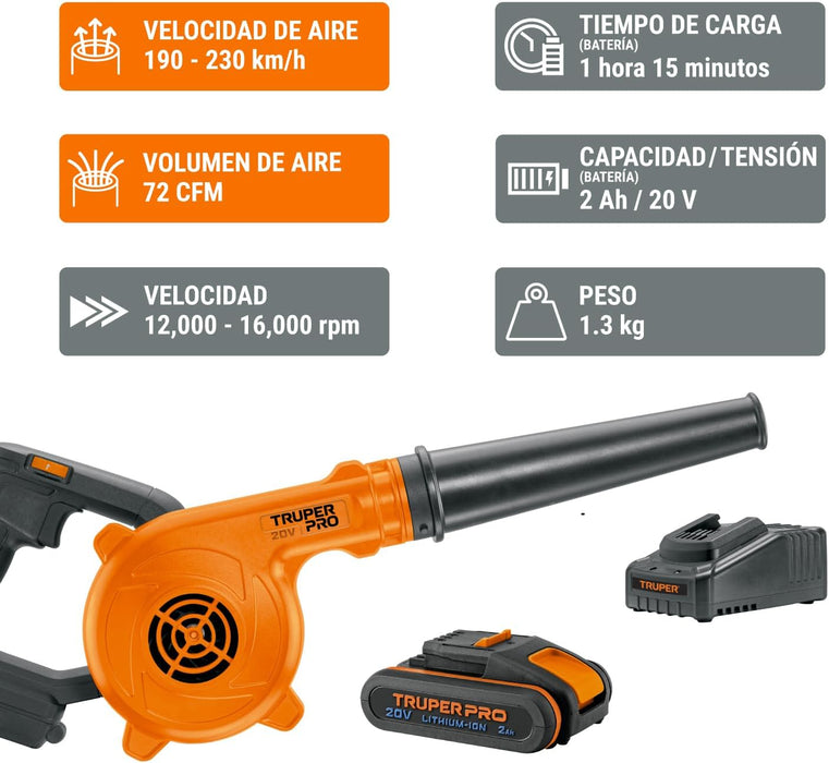 SOPLADORA INALAMBRICA 20V, 72 CFM, 13000 RPM TRUPER SOPI-20A COLOR NARANJA  GRADO A
