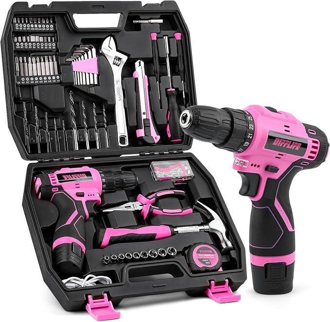 PINK TOOL SET: TOOL KIT WITH 12V CORDLESS DRILL SET FOR WOMEN HOME HAND REPAIR TOOLS SETS DRILLS CASE GRADO A