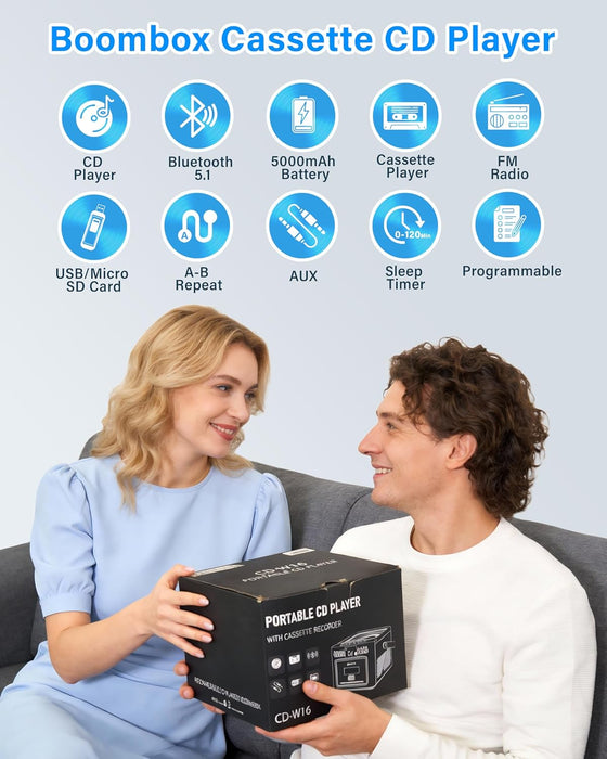 Reproductor de CD Boombox Portátil Greadio con Casete y Bluetooth Recargable | Grado A