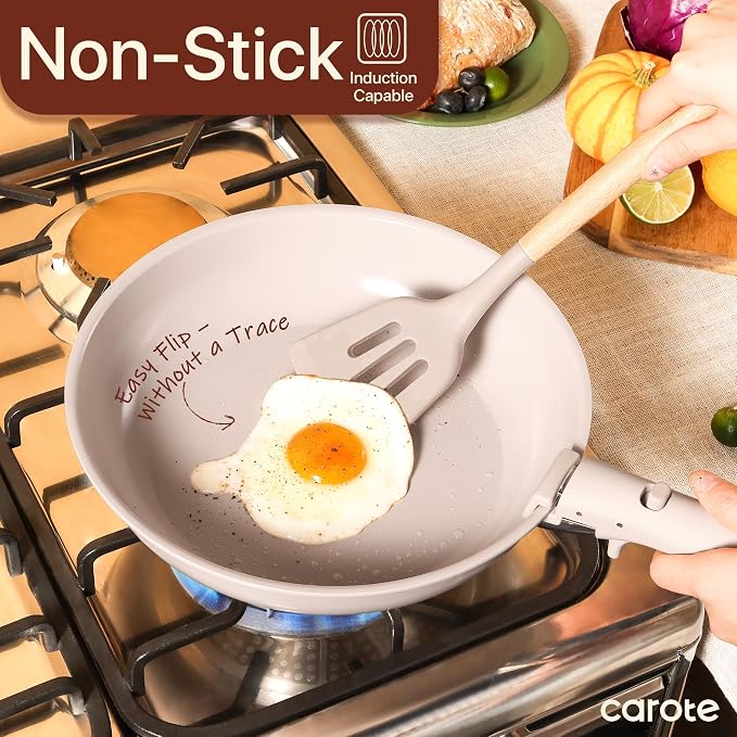CAROTE – BATERÍA DE COCINA 19 PIEZAS, OLLAS Y SARTENES ANTIADHERENTES DE CERÁMICA, MANGO DESMONTABLE, COLOR GRIS TOPO GRADO B
