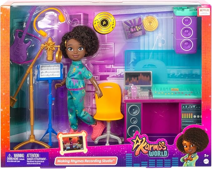 Mattel Karma's World Making Rhymes - Juego de 13 Piezas con muñeca Karma (8.7 Pulgadas), Cabina de Mezcla, Guitarra, Disco Coleccionable y más GRADO A