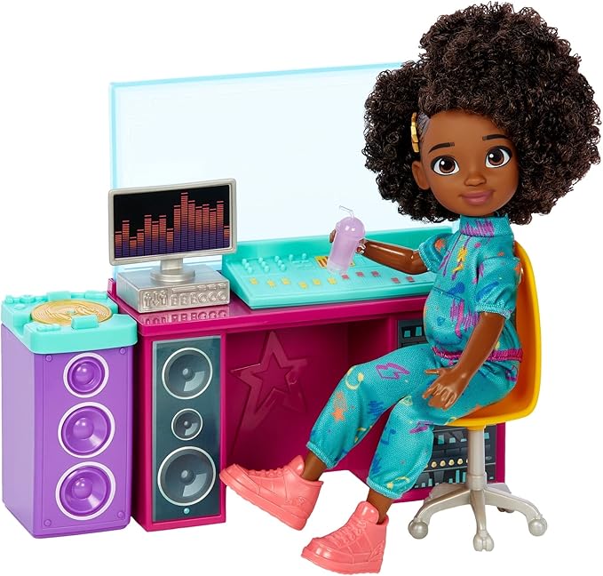 Mattel Karma's World Making Rhymes - Juego de 13 Piezas con muñeca Karma (8.7 Pulgadas), Cabina de Mezcla, Guitarra, Disco Coleccionable y más GRADO A