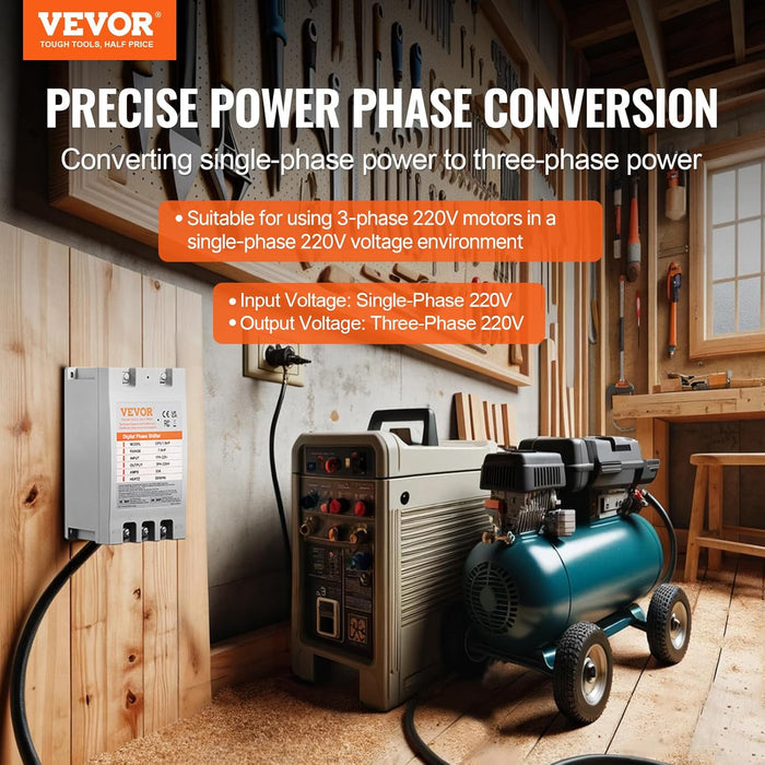 VEVOR CONVERTIDOR DE 3 FASES: 7.5HP 23A 220V CONVERTIDOR MONOFÁSICO A 3 FASES, ENTRADA Y SALIDA DE 220V-240V, CAMBIO DE FASE DIGITAL PARA USO RESIDENCIAL Y COMERCIAL LIGERO