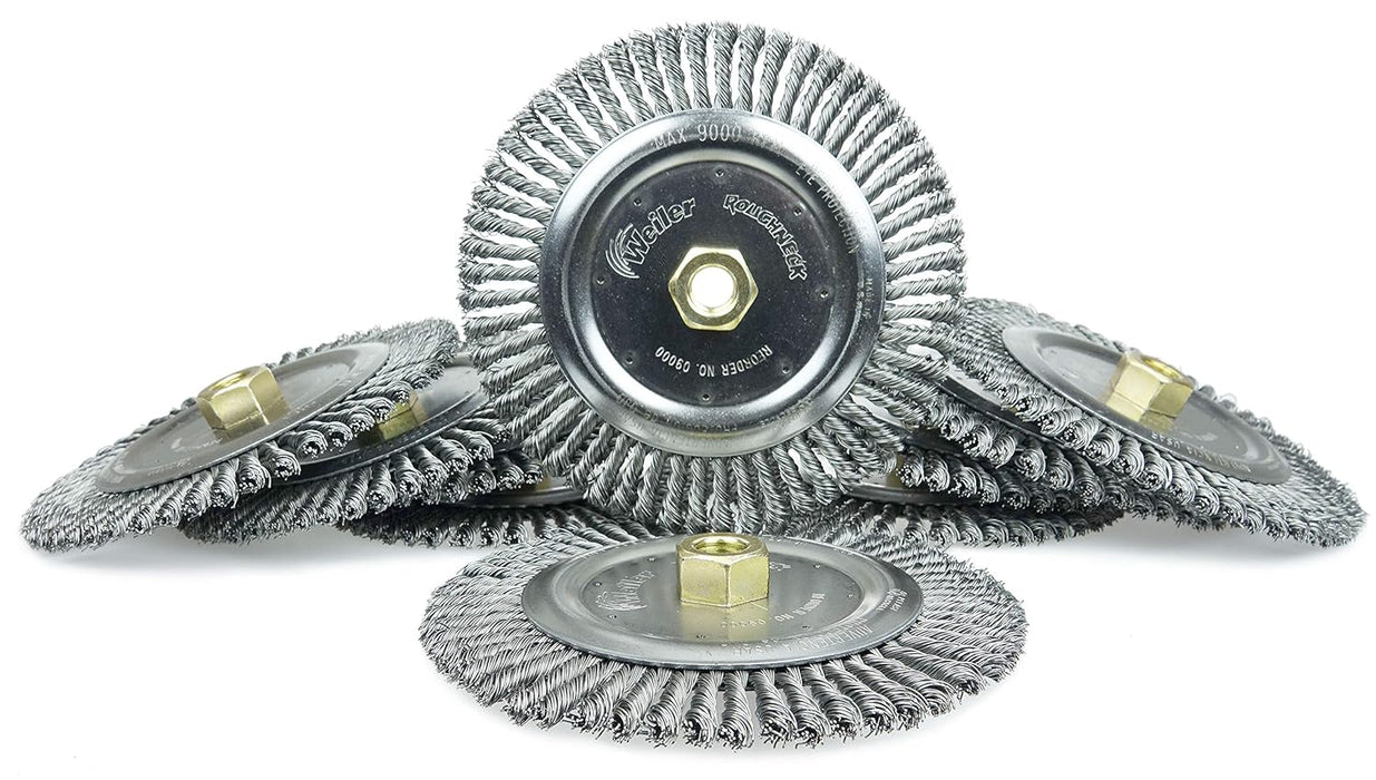 Weiler 09000 Dualife 5/8"-11, tamaño de cable de 0.25", diámetro de 6-7/8", ancho de la cara, 3/16", cerdas de acero, cara muy estrecha, cepillo para polvo para rueda de alambre con nudo giratorio grado b