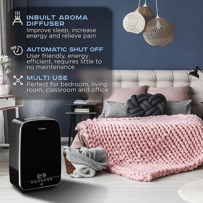 HuPro Humidificador de Niebla Tibia y Fría de 5.5 L para Dormitorio – Llenado Superior Ultrasónico, Silencioso ≥30 dB, Control Remoto, 24–40 H de Funcionamiento, Humidistato, Aceite Esencial, Apagado Automático, Bebé GRADO A