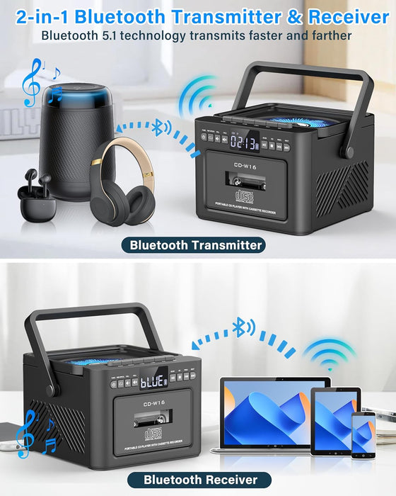 Reproductor de CD Boombox Portátil Greadio con Casete y Bluetooth Recargable | Grado A