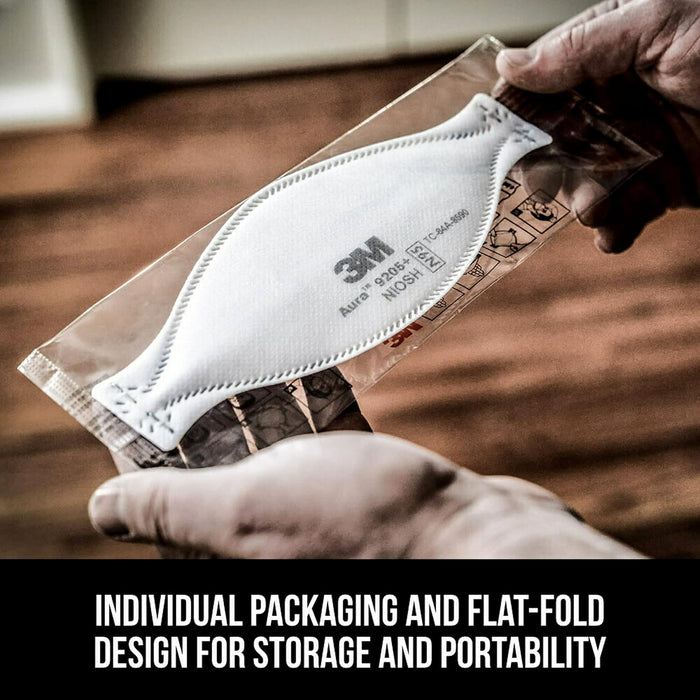 3M Aura 9205+, N95, paquete de 20 respiradores desechables, envueltos individualmente, diseño de 3 paneles de plegado plano que permite movimientos faciales, cómodo, aprobado por NIOSH GRADO B