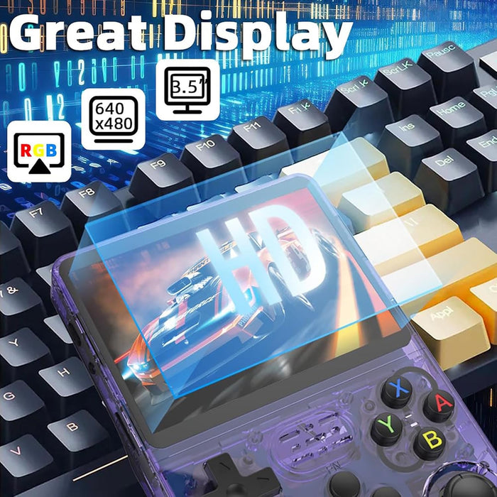 CONSOLA DE JUEGOS RETRO R36S CON PANTALLA PORTÁTIL, 64G MORADO TRANSPARENTE GRADO B
