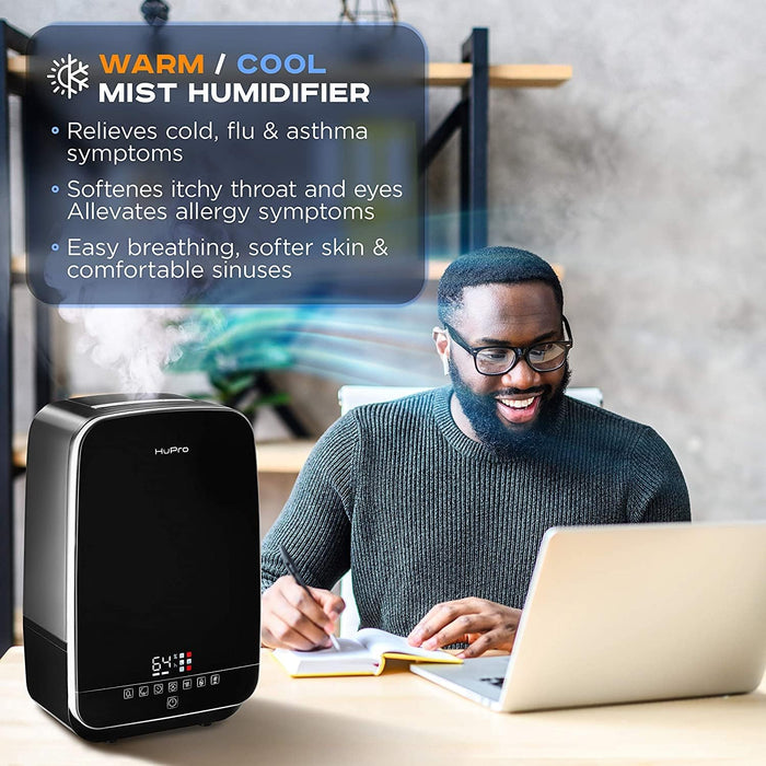 HuPro Humidificador de Niebla Tibia y Fría de 5.5 L para Dormitorio – Llenado Superior Ultrasónico, Silencioso ≥30 dB, Control Remoto, 24–40 H de Funcionamiento, Humidistato, Aceite Esencial, Apagado Automático, Bebé GRADO A