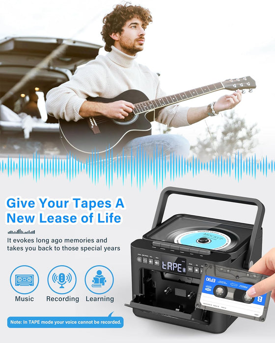 Reproductor de CD Boombox Portátil Greadio con Casete y Bluetooth Recargable | Grado A