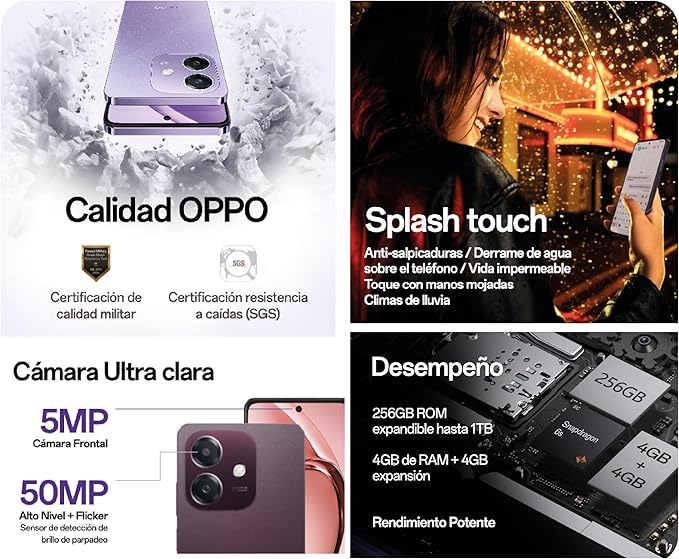 OPPO A40 LILA 4GB+256GB, Resistencia Grado Militar, Super CHARGE Grado A